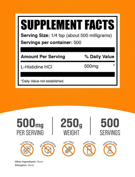 BulkSupplements L-Histidine HCl powder with scoop for easy daily use.