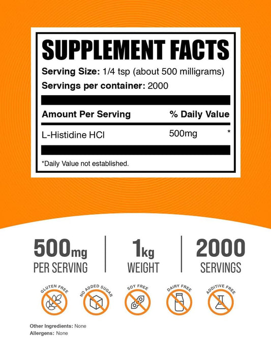 BulkSupplements L-Histidine HCl powder with scoop for easy measuring