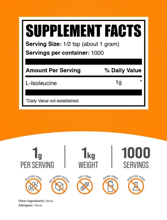 L-Isoleucine powder scoop highlighted for precise 1g servings in workouts.