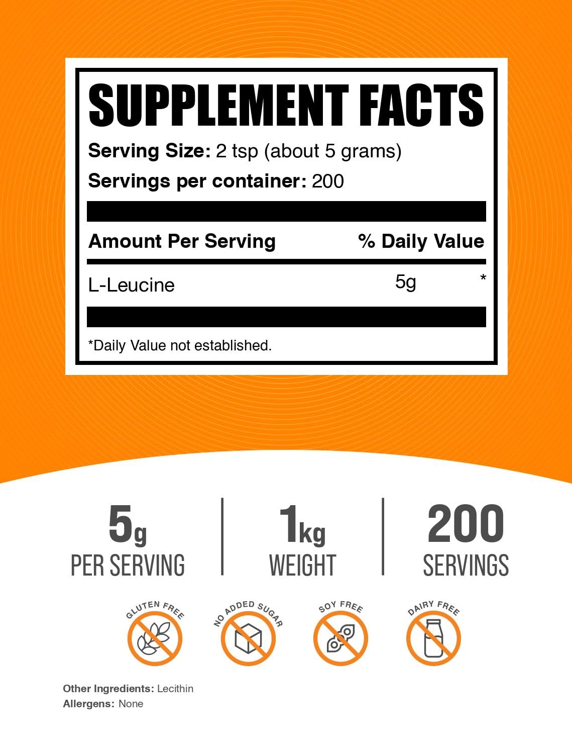 BulkSupplements L-Leucine powder 5g serving setup supports precise daily dosing.