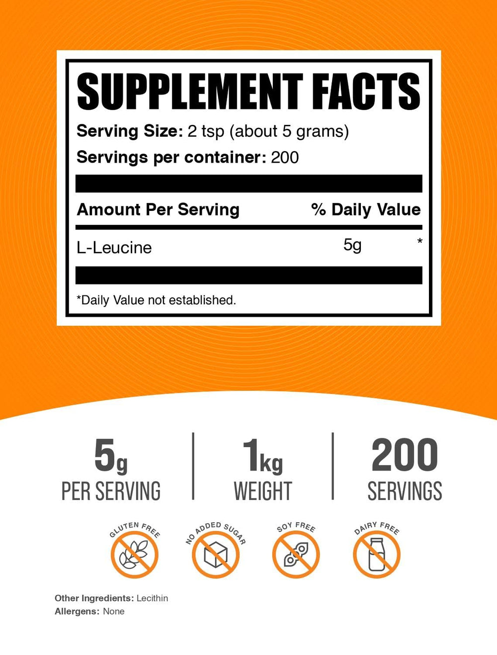 BulkSupplements L-Leucine powder 5g serving setup supports precise daily dosing.