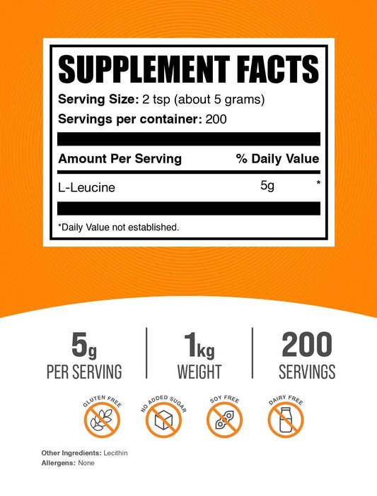 BulkSupplements L-Leucine powder 5g serving setup supports precise daily dosing.