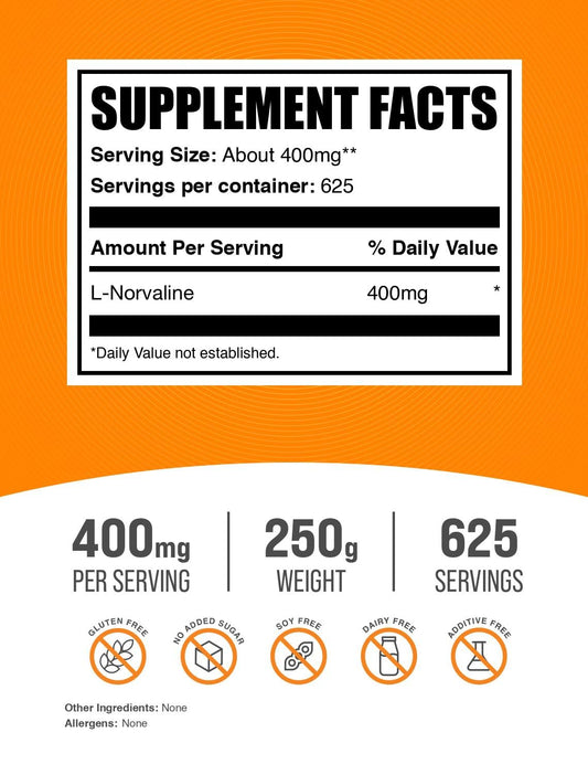 BulkSupplements L-Norvaline powder scoop showing easy serving for workouts