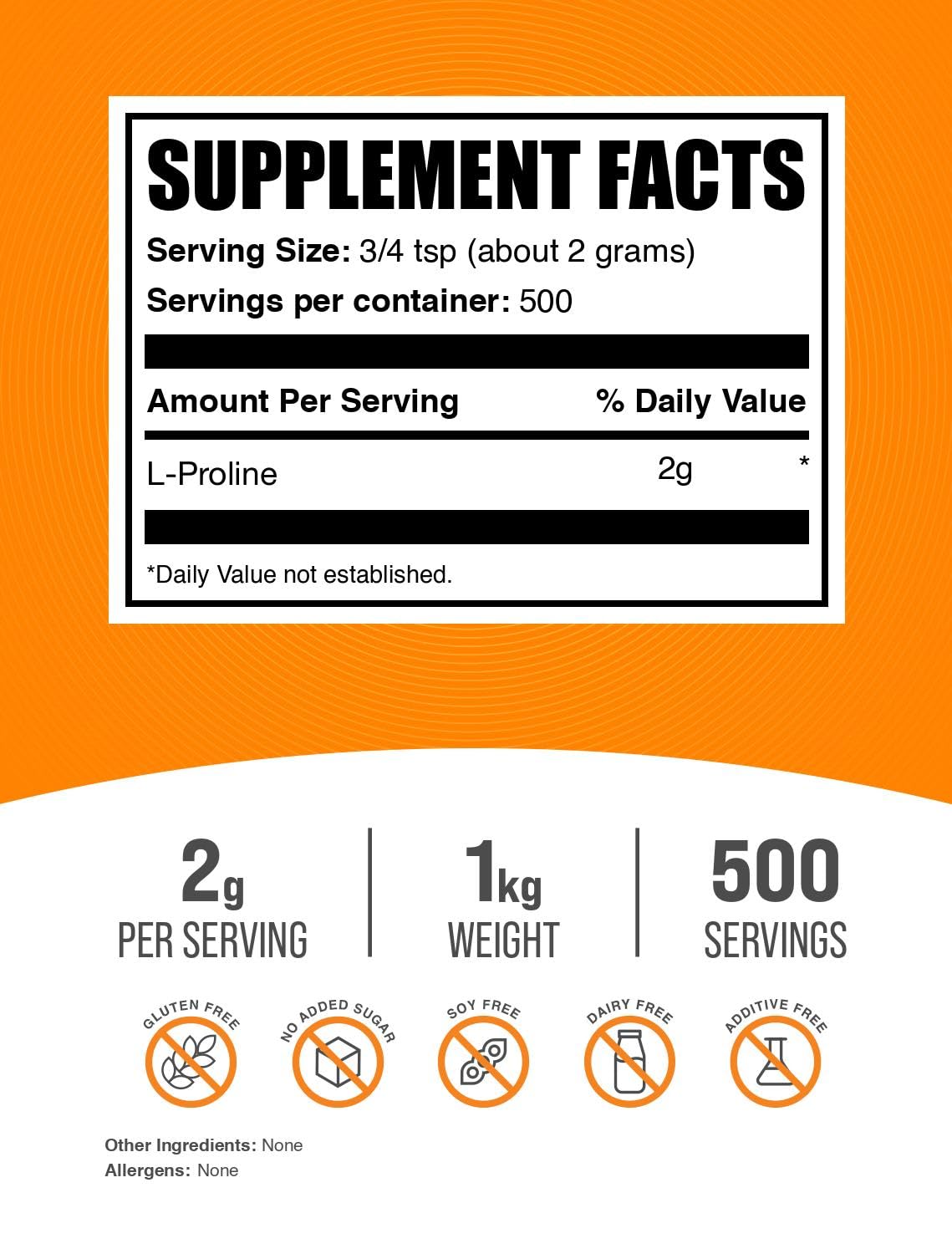 BulkSupplements L-Proline powder with scoop for precise 2 g servings