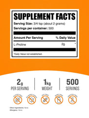 BulkSupplements L-Proline powder with scoop for precise 2 g servings