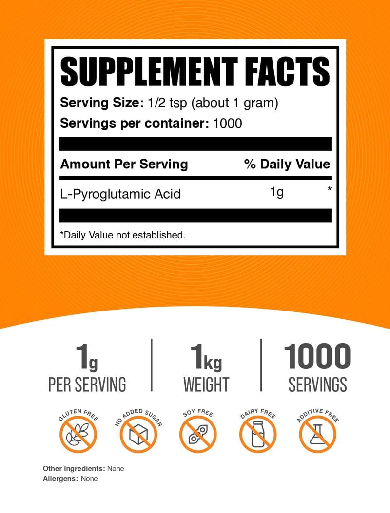 BulkSupplements L-Pyroglutamic Acid powder scoop for easy measurement and mixing.
