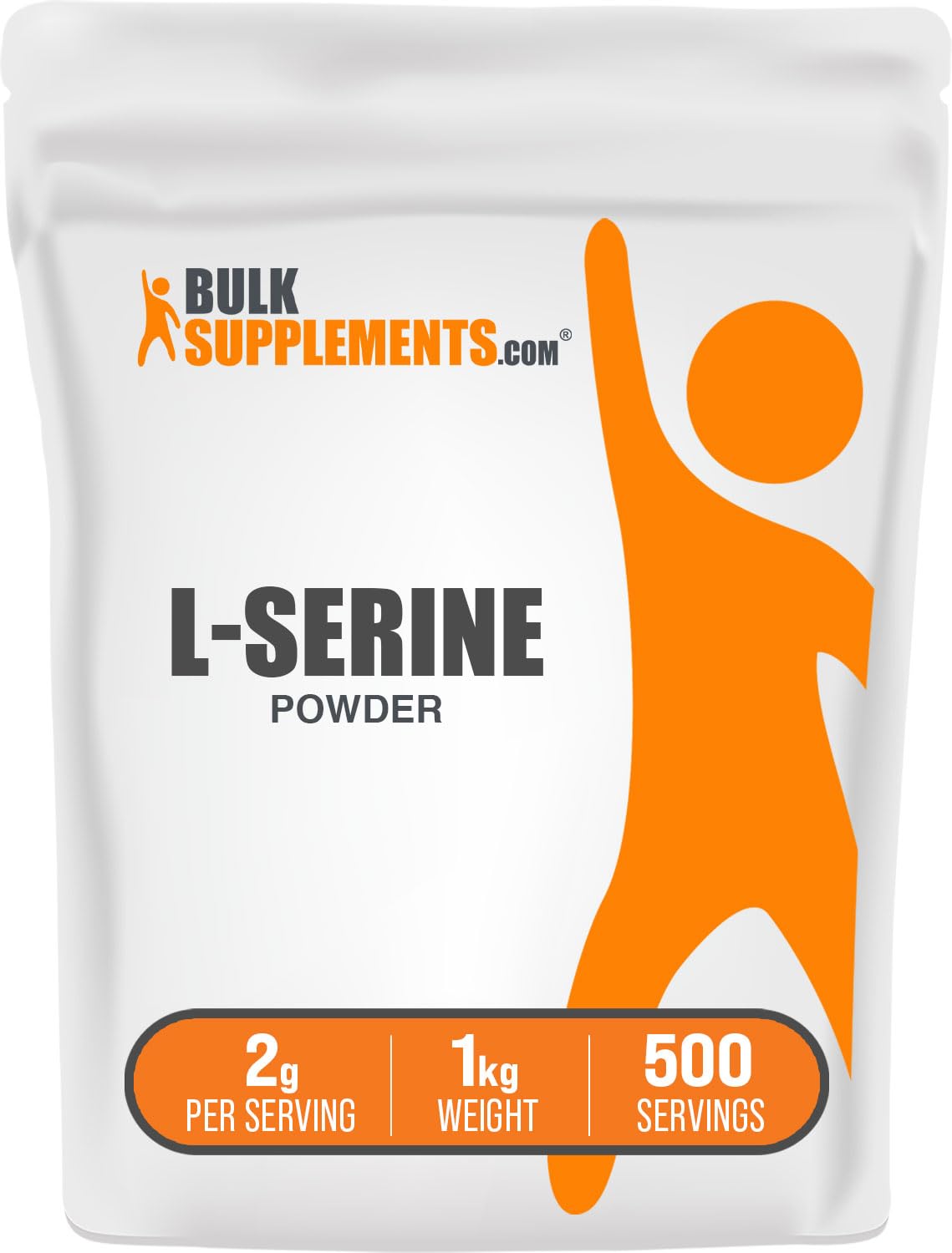 BulkSupplements L-Serine powder bottle front, a gluten-free daily supplement option.