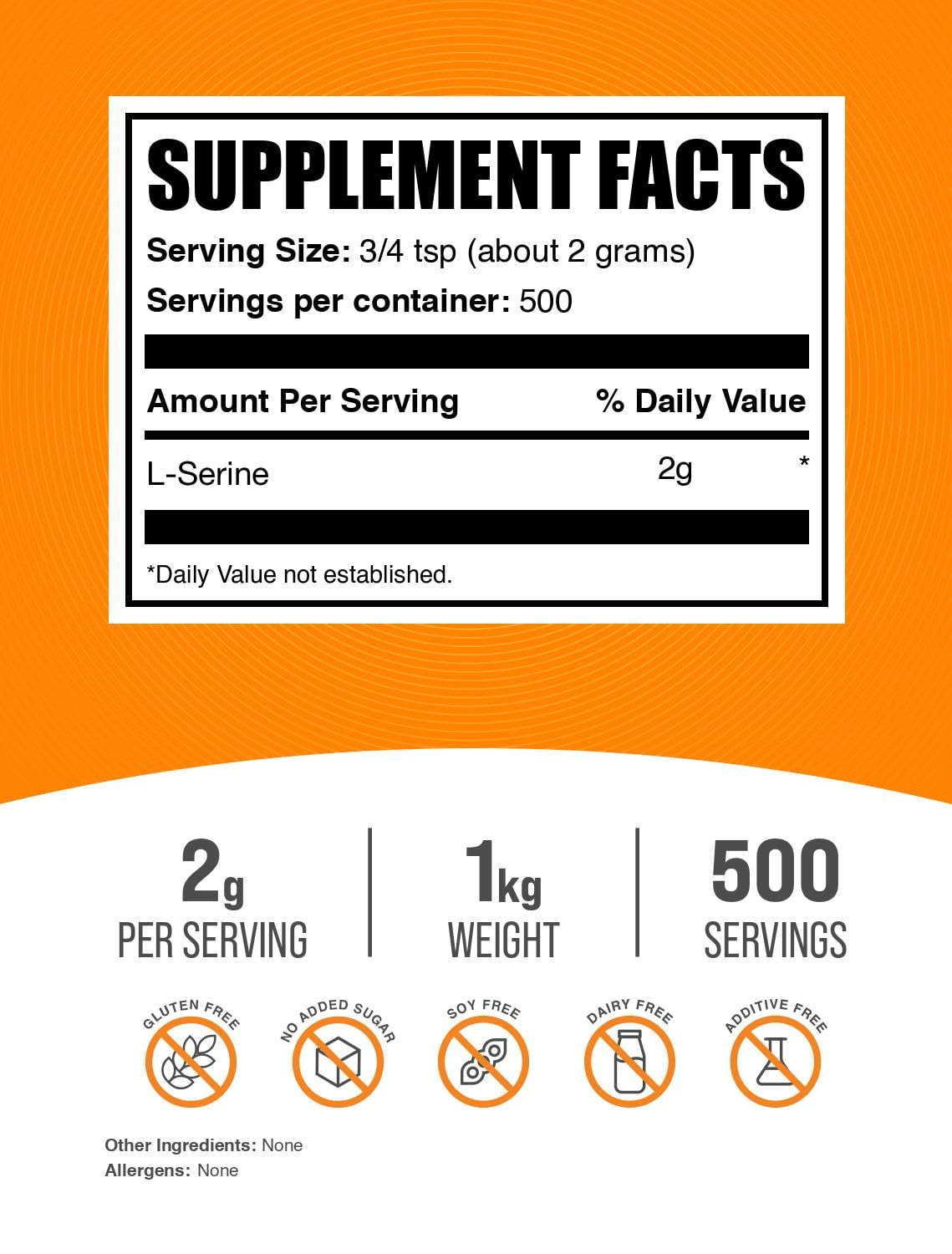 BulkSupplements L-Serine powder scoop, convenient serving for shakes and beverages.
