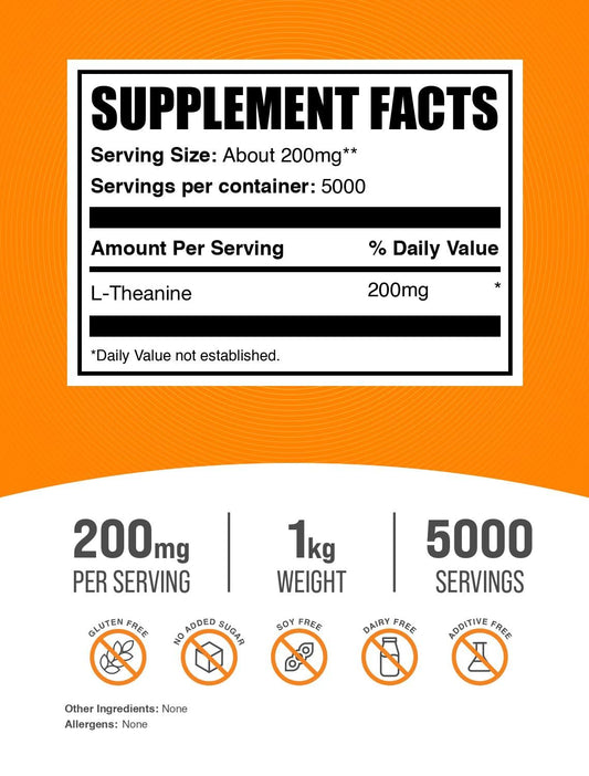 BulkSupplements L-Theanine powder being poured into glass, easy to mix with beverages.