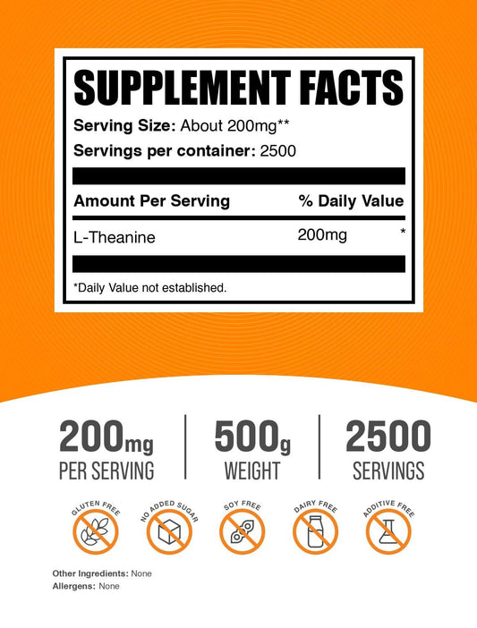 BulkSupplements L-Theanine powder with scoop; easy integration into beverages.