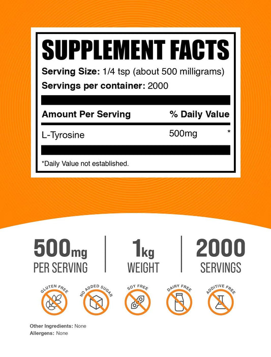 Bulksupplements L-Tyrosine powder serving pouch supports flexible daily supplementation.