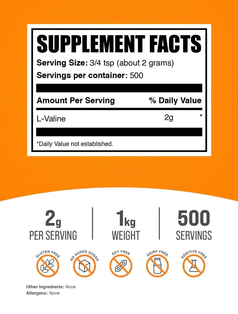 BulkSupplements L-Valine powder scoop highlighting easy measurement for precise dosing.