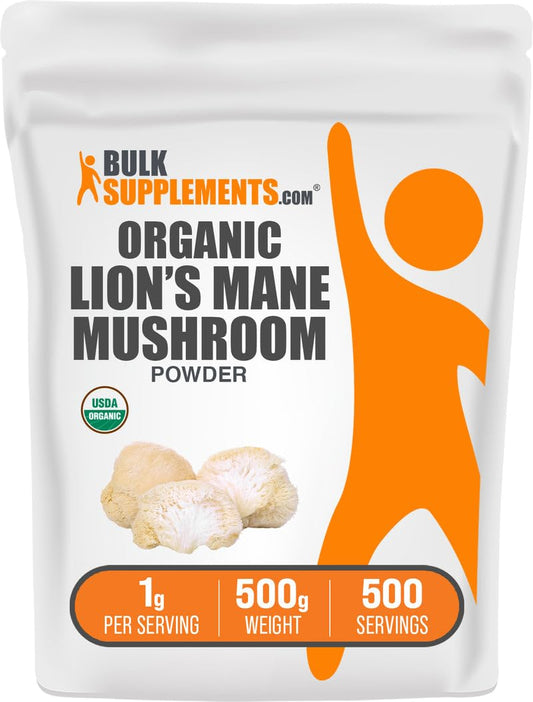 BulkSupplements Lions Mane powder bottle front view for daily wellness.