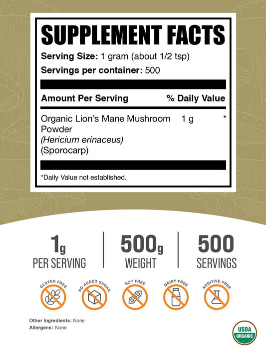 BulkSupplements Lions Mane powder scoop shows convenient serving option.