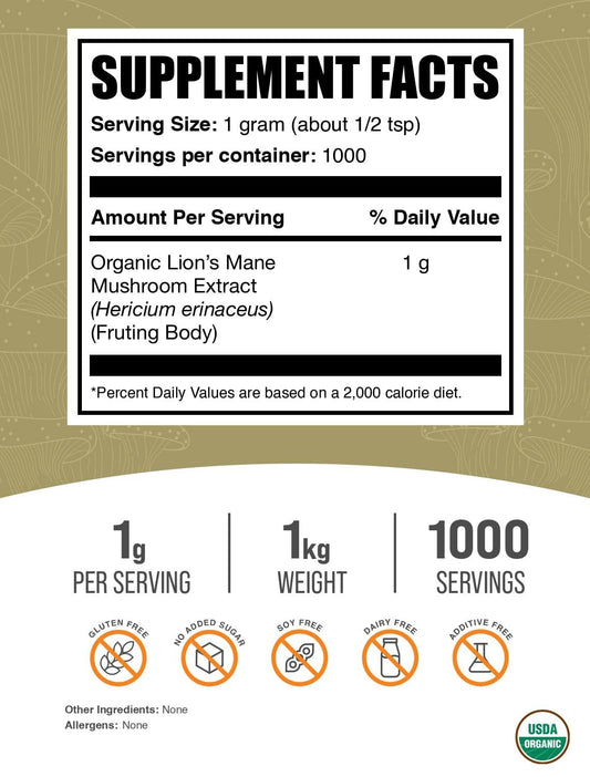Lions Mane powder scoop showing easy portion control for smoothies.