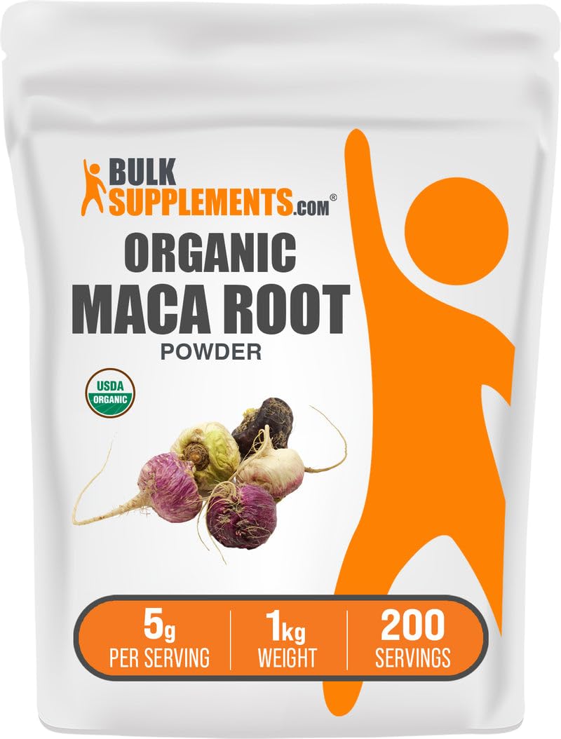 BulkSupplements Organic Maca Powder bottle on a kitchen shelf for daily use