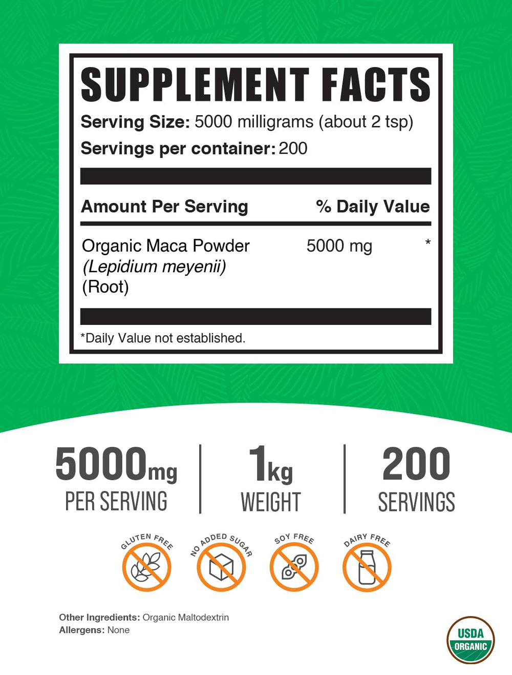 BulkSupplements Organic Maca Powder with serving scoop beside the jar for precise portions
