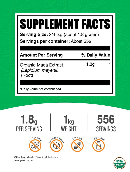 BulkSupplements maca powder with scoop highlights convenient measurement for smoothies.