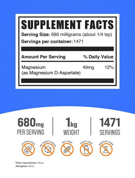 BulkSupplements Magnesium D-Aspartate powder scoop for easy daily dosing.