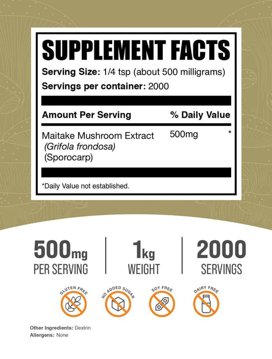 Maitake Mushroom Extract powder with measuring spoon for precise servings.