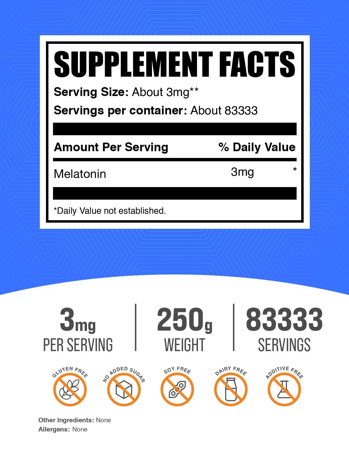 Close-up of BulkSupplements melatonin powder with scoop highlights precise 3 mg dosing.
