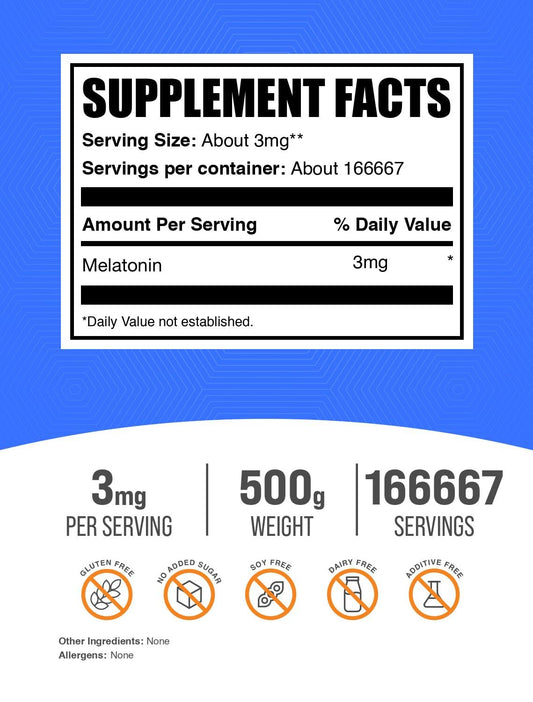 BulkSupplements melatonin powder scoop demonstrates precise 3 mg dosing for customization.