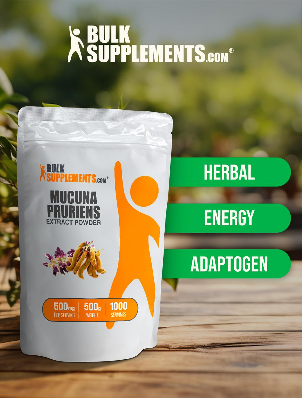 BulkSupplements Mucuna Pruriens powder label shows 500 mg per serving.