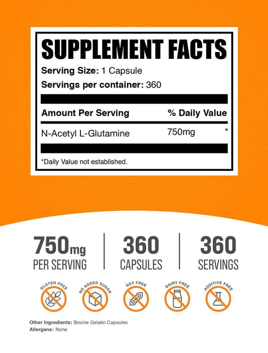 BulkSupplements N-Acetyl L-Glutamine capsules close-up showing 750 mg per capsule.