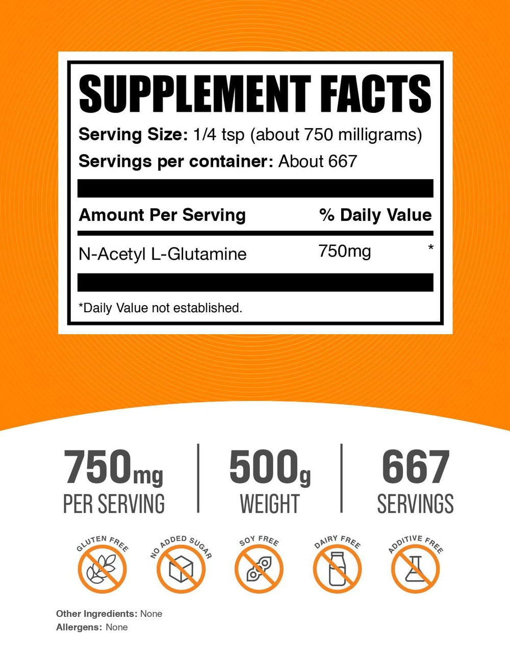 N-Acetyl L-Glutamine powder label close-up showing gluten-free formulation.