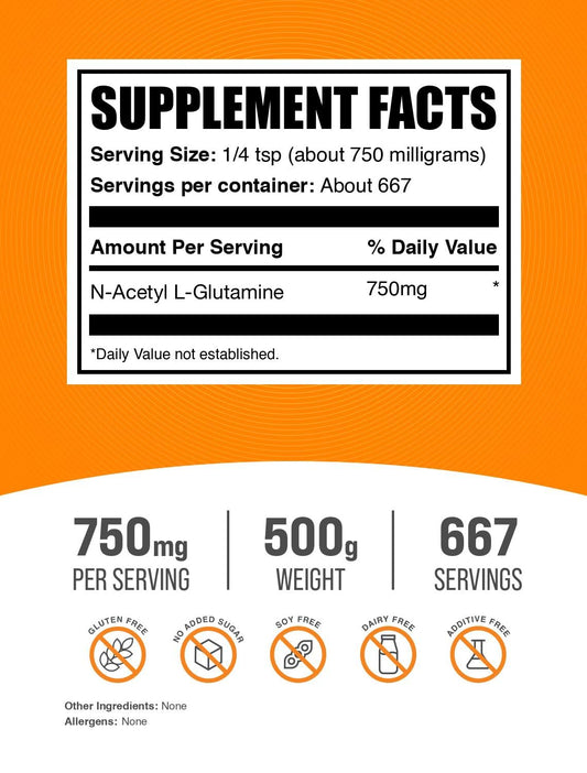 N-Acetyl L-Glutamine powder label close-up showing gluten-free formulation.