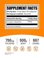N-Acetyl L-Glutamine powder label close-up showing gluten-free formulation.