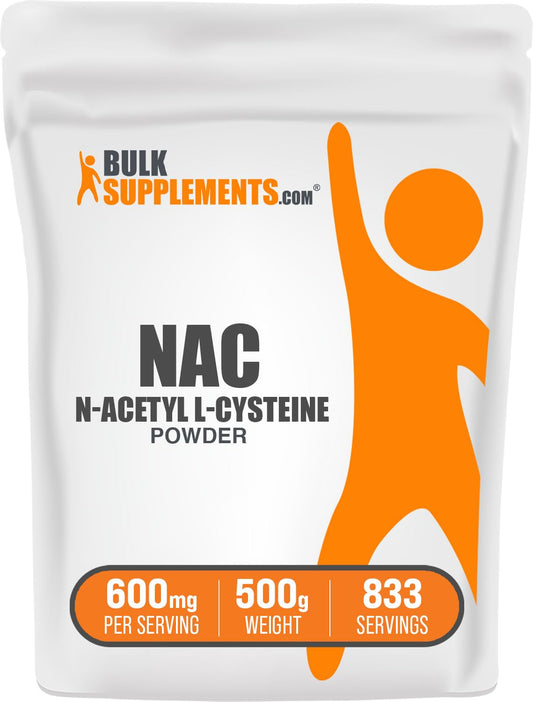 BulkSupplements NAC powder bottle close-up shows unflavored formula for daily use.