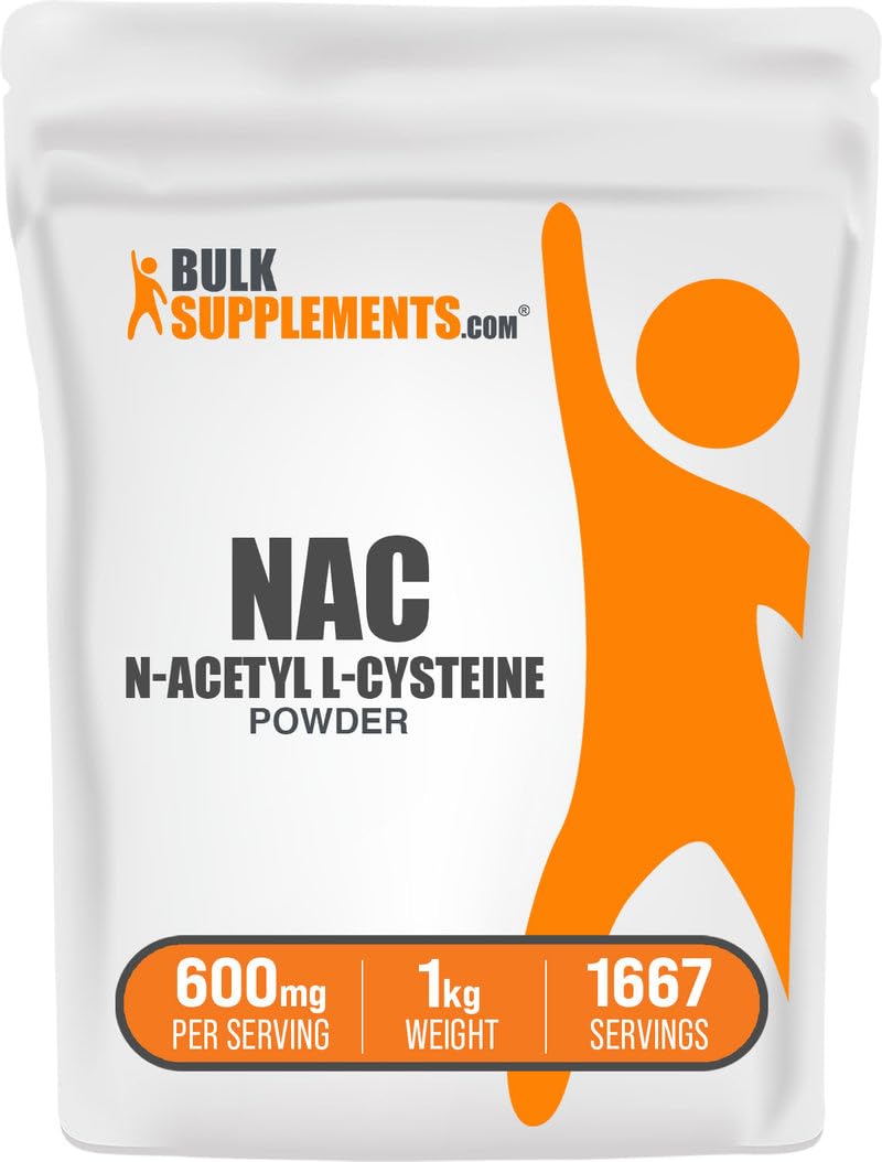 BulkSupplements NAC Powder bottle shows gluten-free, 600 mg per serving for daily regimen.