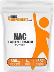 BulkSupplements NAC Powder bottle shows gluten-free, 600 mg per serving for daily regimen.
