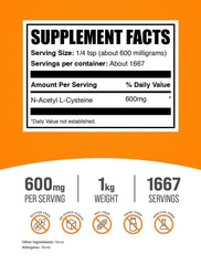 BulkSupplements NAC Powder jar with scoop emphasizes unflavored formula blending easily.