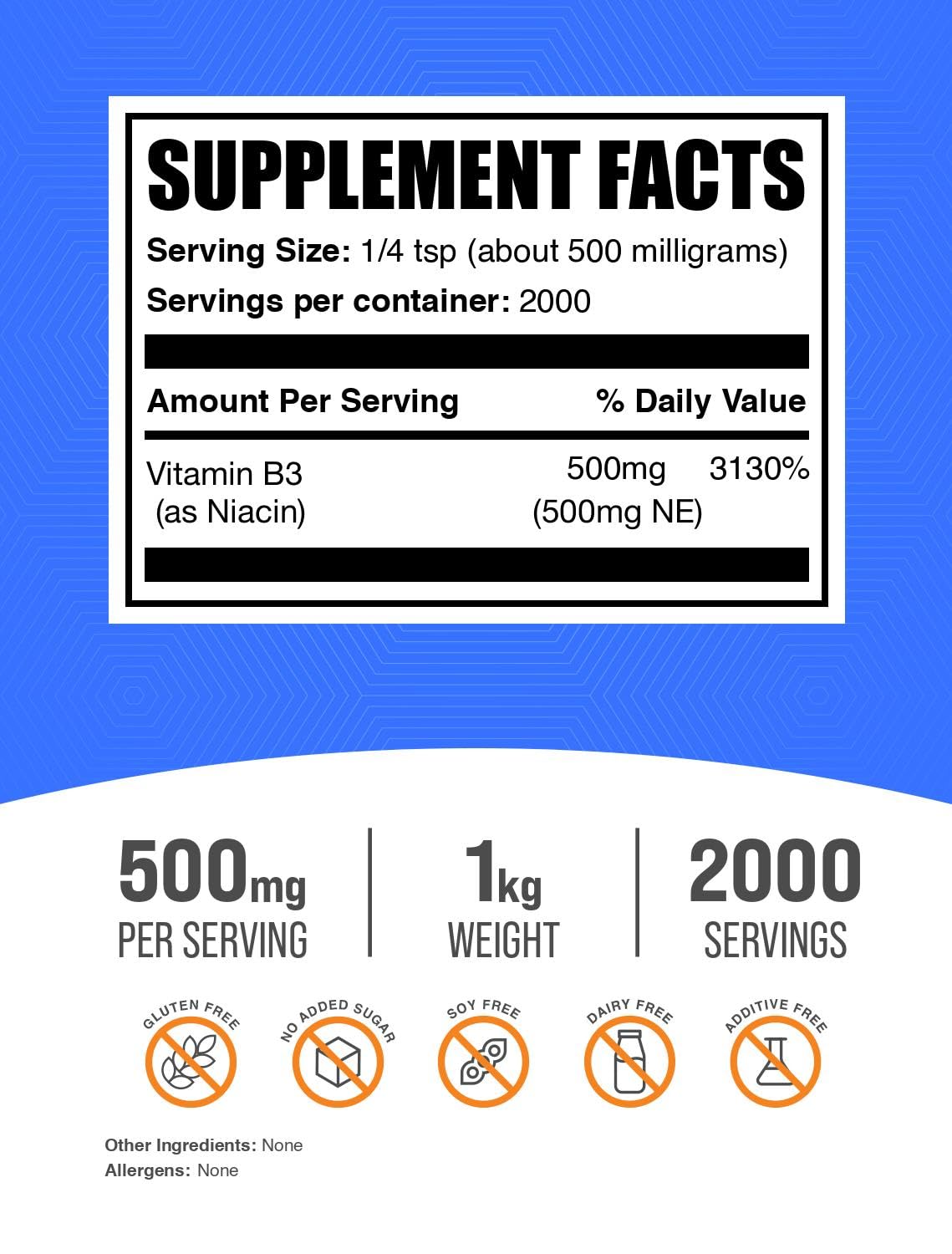 BulkSupplements Niacin Powder scoop closeup for precise 500 mg servings.