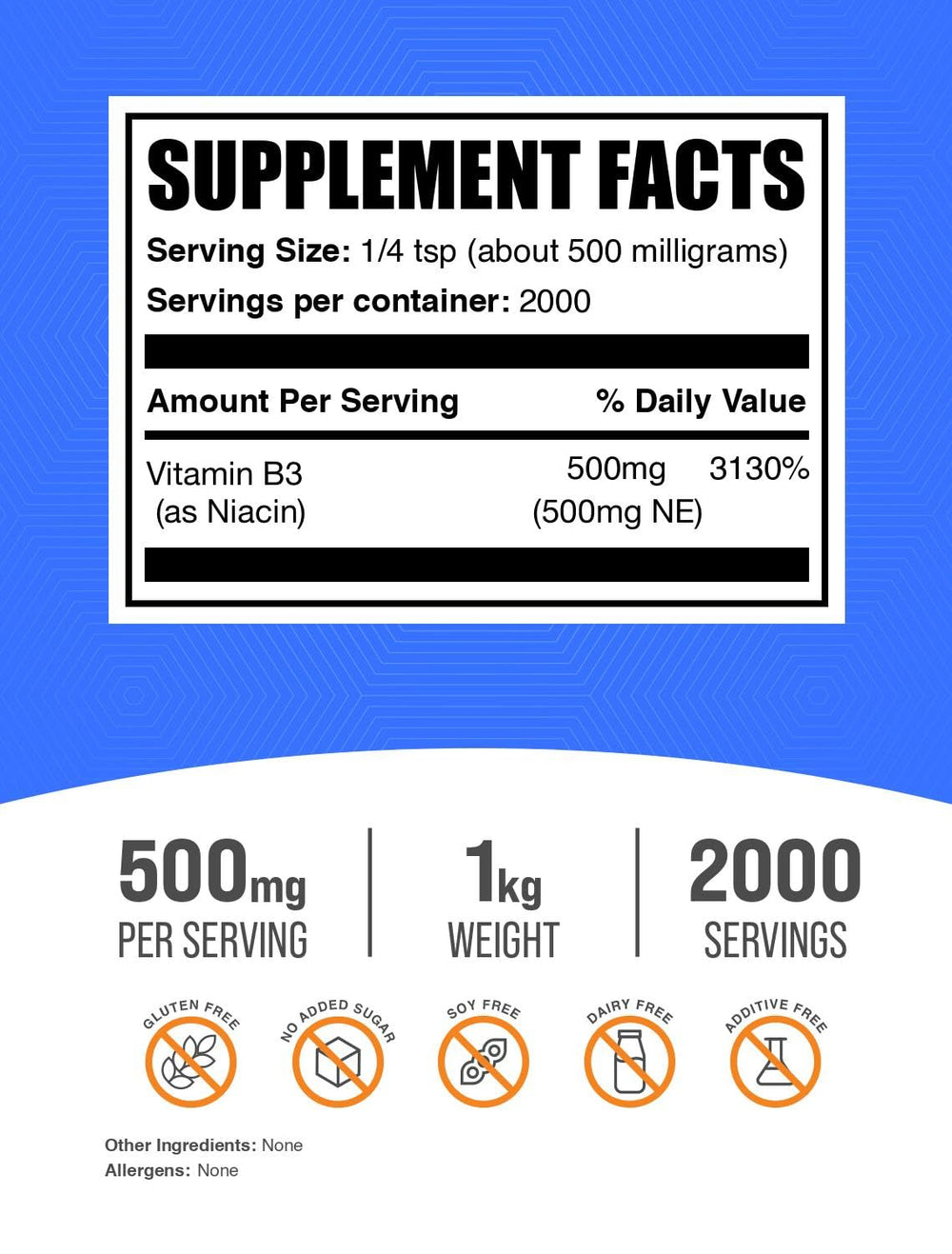 BulkSupplements Niacin Powder scoop closeup for precise 500 mg servings.