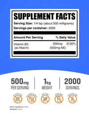 BulkSupplements Niacin Powder scoop closeup for precise 500 mg servings.