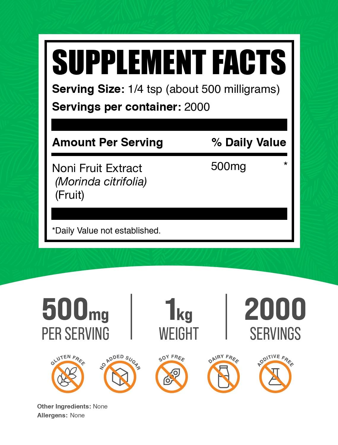 BulkSupplements Noni Fruit Extract Powder bottle shows gluten-free superfood option.