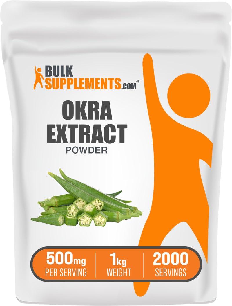 BulkSupplements Okra Extract Powder bottle shows vegan, gluten-free fiber support for daily wellness.