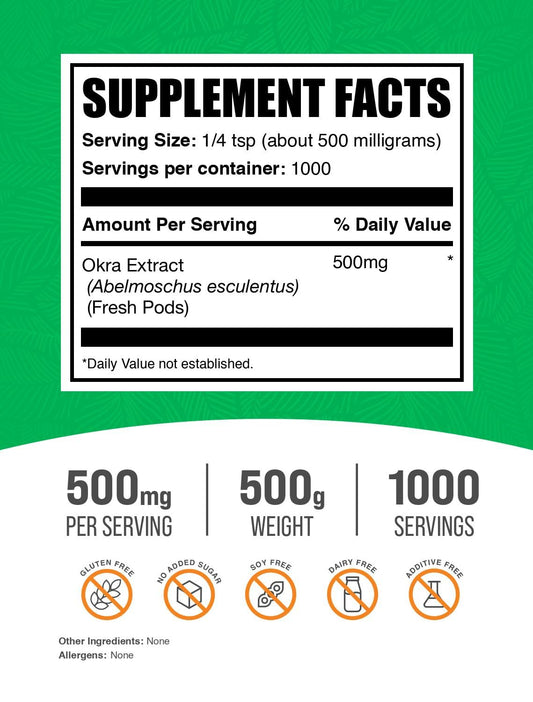 BulkSupplements Okra Extract Powder scoop demonstrates precise 500mg servings