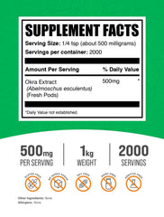 BulkSupplements Okra Extract powder tub emphasizes convenient 500 mg servings for easy daily use.