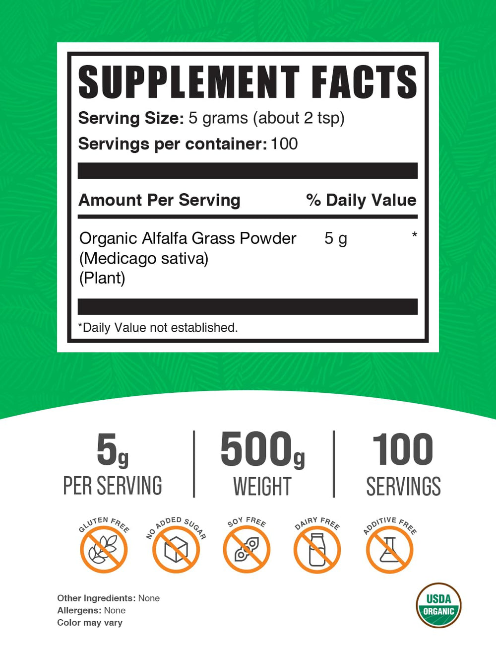 BulkSupplements Organic Alfalfa Grass Powder dispensing scoop for easy daily use