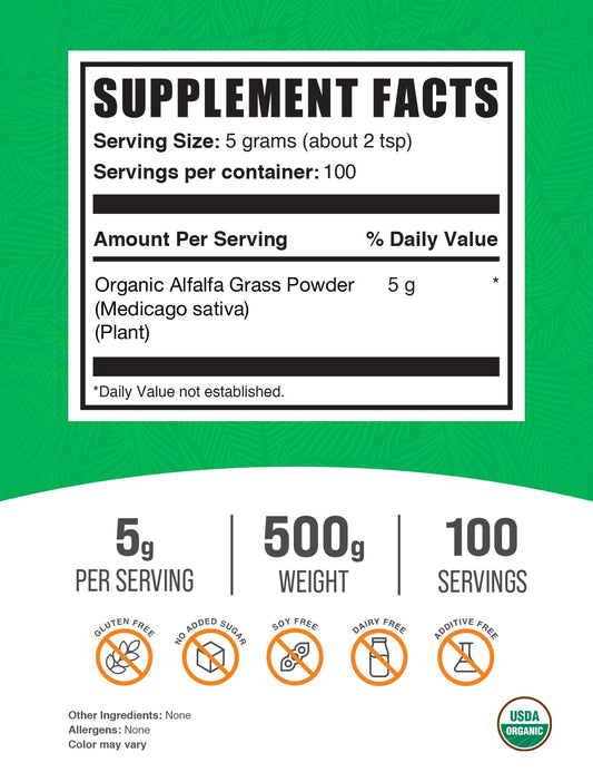 BulkSupplements Organic Alfalfa Grass Powder dispensing scoop for easy daily use