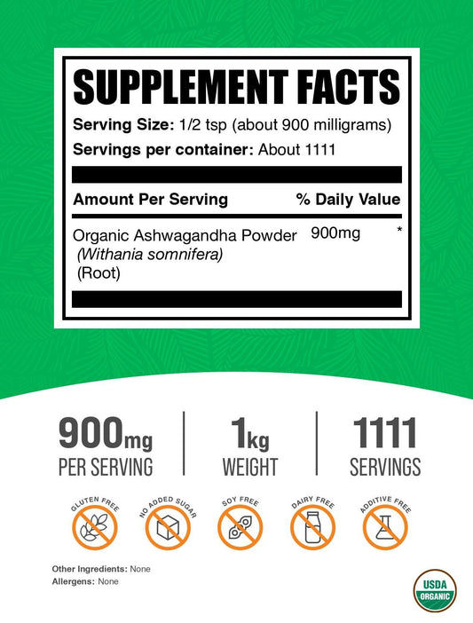 BulkSupplements Organic Ashwagandha Powder bottle, ideal for consistent daily use.