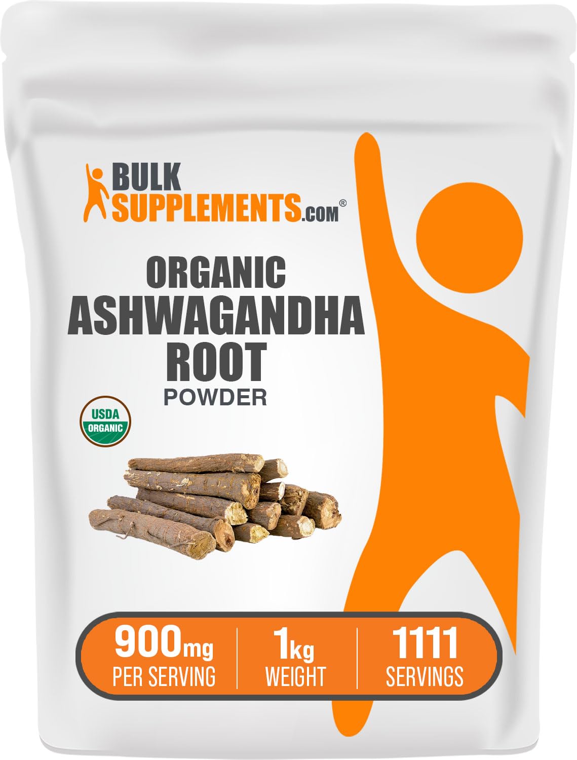 BulkSupplements Organic Ashwagandha Powder packaging illustrating purity for daily stress support.