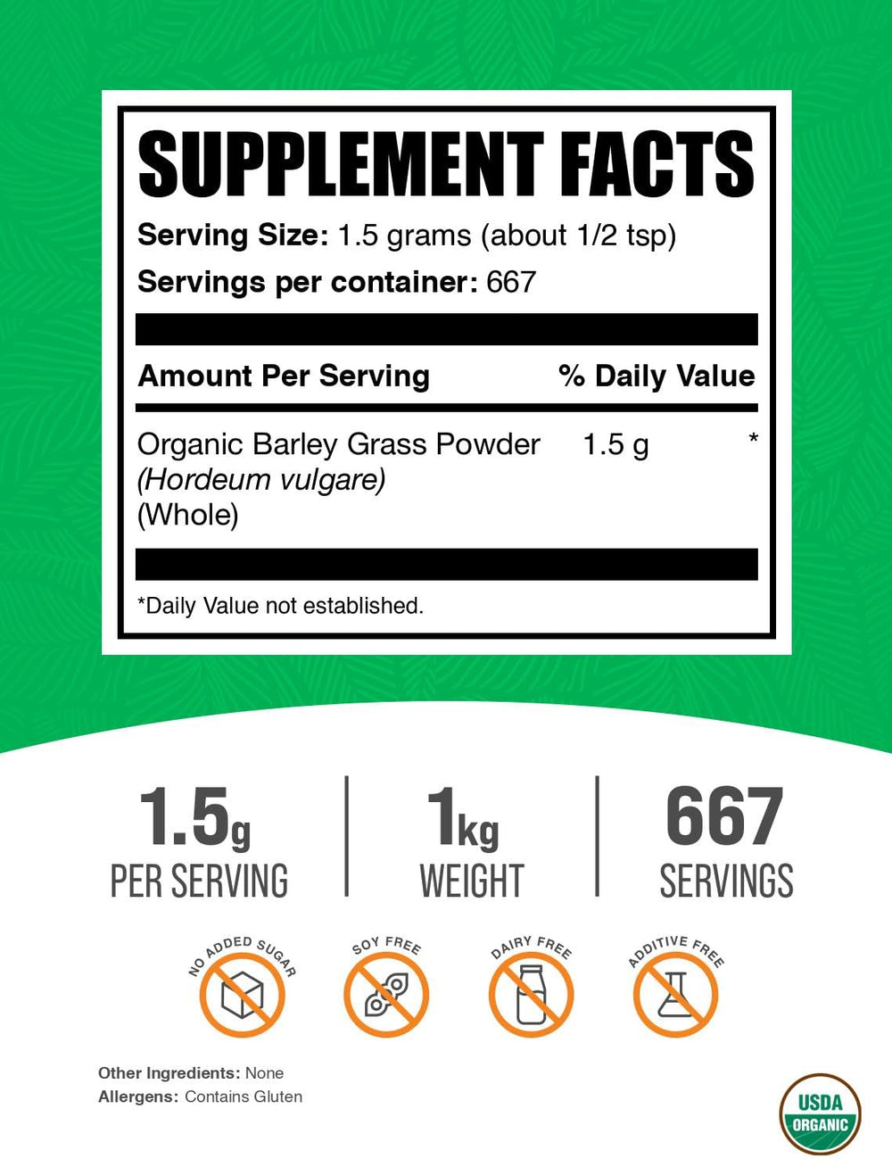 BulkSupplements Organic Barley Grass Powder in a jar ready for smoothies and shakes.