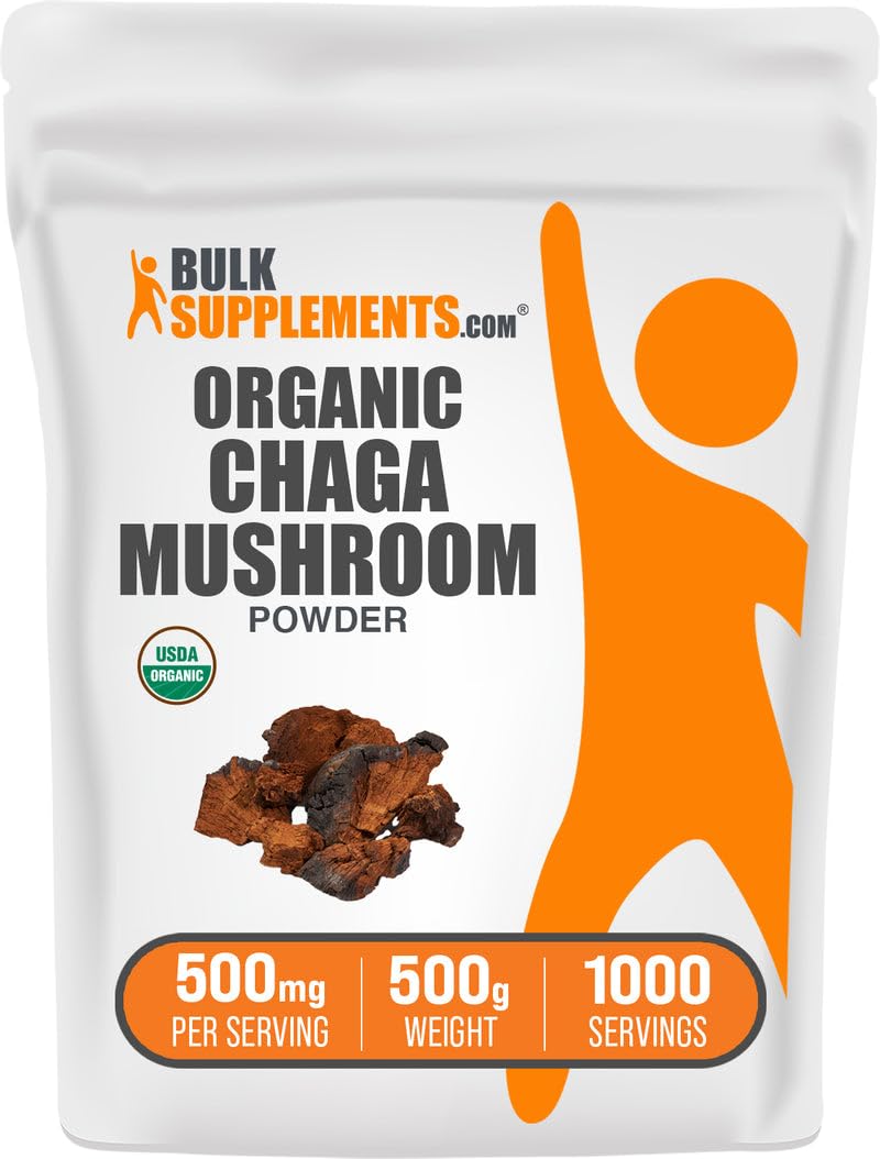 BulkSupplements Organic Chaga Mushroom Powder 500g pack for daily wellness.