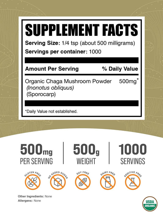 BulkSupplements chaga powder container front showing label and purity.