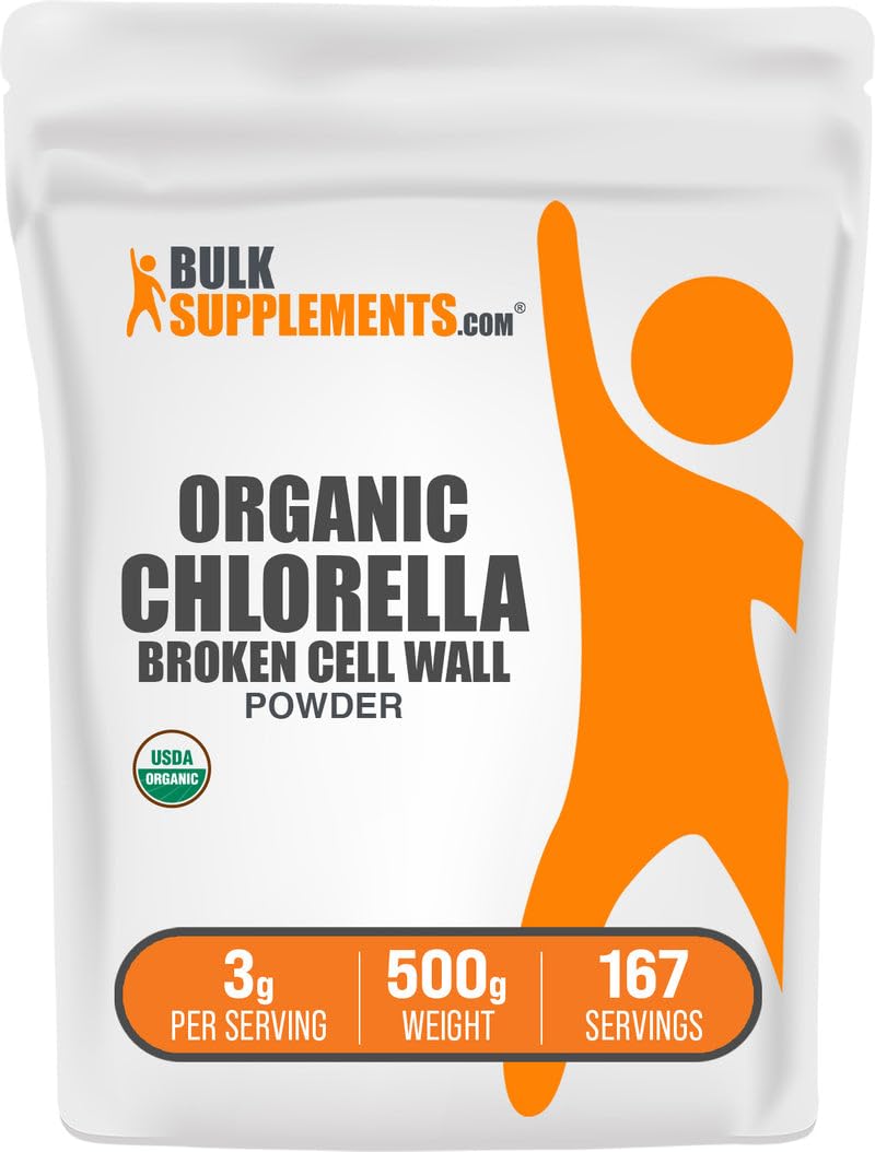 BulkSupplements Organic Chlorella Powder bottle showing broken cell wall for daily greens.